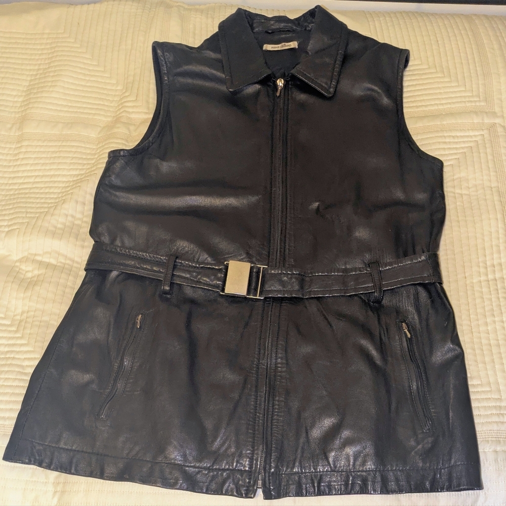 Rene Lezard Sz 12 Black Lambskin Leather Sexy Belted Sleeveless Vest/Mini-Dress